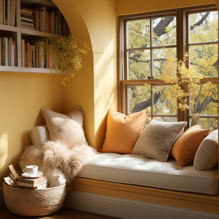 Interior Design Cozy modern Reading Nook, Warm light Radiate peaceful and serene atmosphere, home decoration in a country house, comfort at home, AI Generativeの素材