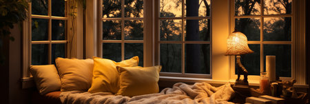 Interior Design Cozy modern Reading Nook, Warm light Radiate peaceful and serene atmosphere, home decoration in a country house, comfort at home, AI Generativeの素材