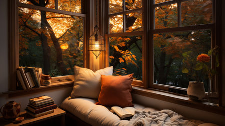 Interior Design Cozy modern Reading Nook, Warm light Radiate peaceful and serene atmosphere, home decoration in a country house, comfort at home, AI Generativeの素材