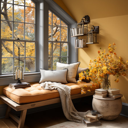 Interior Design Cozy modern Reading Nook, Warm light Radiate peaceful and serene atmosphere, home decoration in a country house, comfort at home, AI Generativeの素材