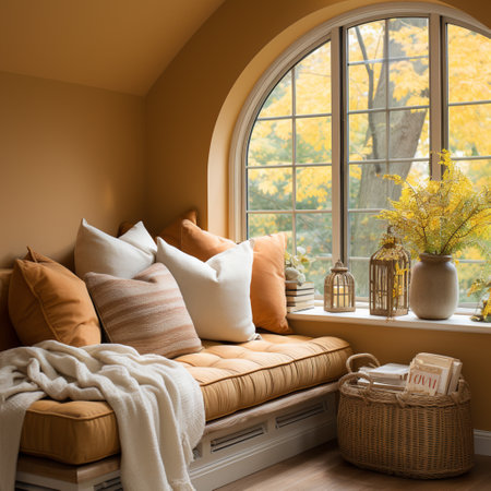 Interior Design Cozy modern Reading Nook, Warm light Radiate peaceful and serene atmosphere, home decoration in a country house, comfort at home, AI Generativeの素材