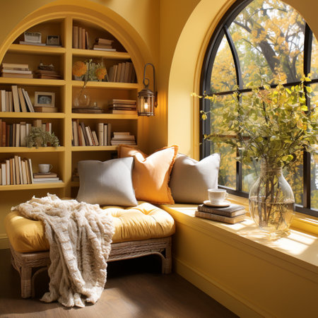 Interior Design Cozy modern Reading Nook, Warm light Radiate peaceful and serene atmosphere, home decoration in a country house, comfort at home, AI Generativeの素材
