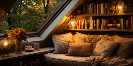 Interior Design Cozy modern Reading Nook, Warm light Radiate peaceful and serene atmosphere, home decoration in a country house, comfort at home, AI Generativeの素材