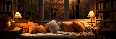 Interior Design Cozy modern Reading Nook, Warm light Radiate peaceful and serene atmosphere, home decoration in a country house, comfort at home, AI Generativeの素材