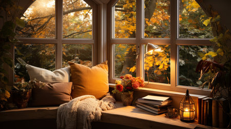 Interior Design Cozy modern Reading Nook, Warm light Radiate peaceful and serene atmosphere, home decoration in a country house, comfort at home, AI Generativeの素材