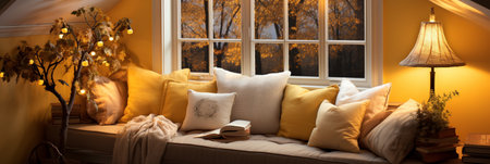 Interior Design Cozy modern Reading Nook, Warm light Radiate peaceful and serene atmosphere, home decoration in a country house, comfort at home, AI Generativeの素材