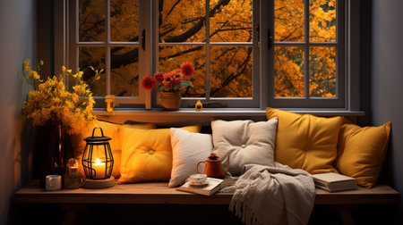 Interior Design Cozy modern Reading Nook, Warm light Radiate peaceful and serene atmosphere, home decoration in a country house, comfort at home, AI Generativeの素材