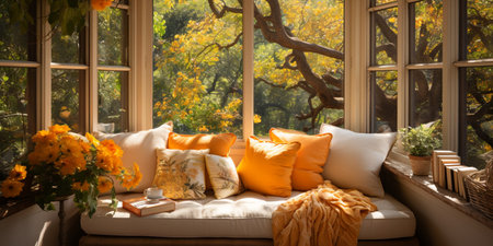 Interior Design Cozy modern Reading Nook, Warm light Radiate peaceful and serene atmosphere, home decoration in a country house, comfort at home, AI Generativeの素材