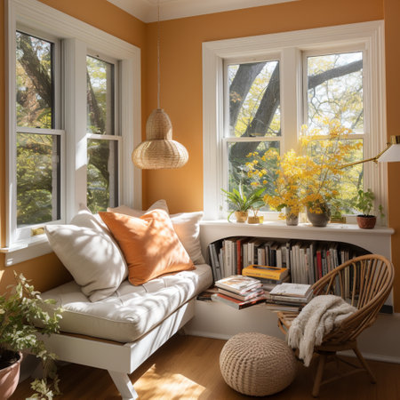 Interior Design Cozy modern Reading Nook, Warm light Radiate peaceful and serene atmosphere, home decoration in a country house, comfort at home, AI Generativeの素材