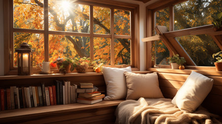 Interior Design Cozy modern Reading Nook, Warm light Radiate peaceful and serene atmosphere, home decoration in a country house, comfort at home, AI Generativeの素材