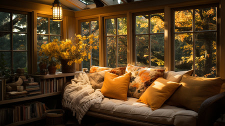 Interior Design Cozy modern Reading Nook, Warm light Radiate peaceful and serene atmosphere, home decoration in a country house, comfort at home, AI Generativeの素材