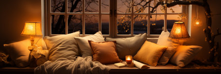 Interior Design Cozy modern Reading Nook, Warm light Radiate peaceful and serene atmosphere, home decoration in a country house, comfort at home, AI Generativeの素材