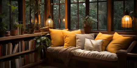 Interior Design Cozy modern Reading Nook, Warm light Radiate peaceful and serene atmosphere, home decoration in a country house, comfort at home, AI Generativeの素材