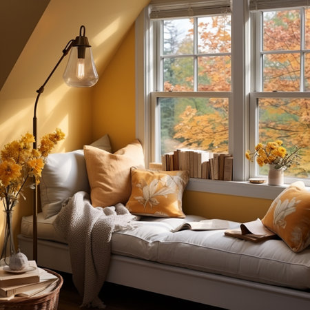 Interior Design Cozy modern Reading Nook, Warm light Radiate peaceful and serene atmosphere, home decoration in a country house, comfort at home, AI Generativeの素材