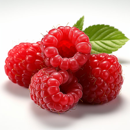 Fresh Ripe Raspberry on white background, Juicy and tasty Fruit, Healthy Food.の素材