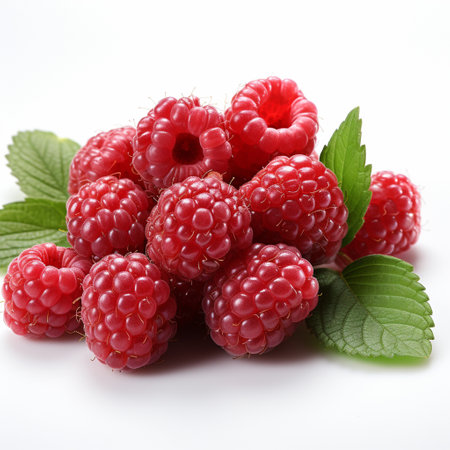 Fresh Ripe Raspberry on white background, Juicy and tasty Fruit, Healthy Food.の素材
