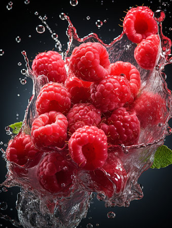 Fresh Ripe Raspberry with Splash effect, Juicy and tasty Fruit, Healthy Foodの素材