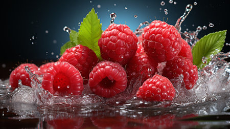 Fresh Ripe Raspberry with Splash effect, Juicy and tasty Fruit, Healthy Foodの素材