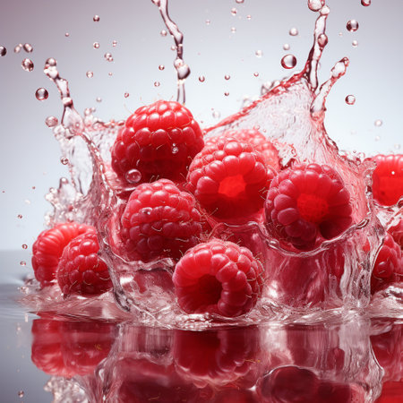 Fresh Ripe Raspberry with Splash effect, Juicy and tasty Fruit, Healthy Foodの素材