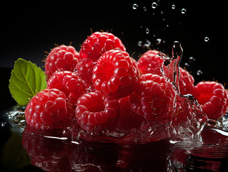 Fresh Ripe Raspberry with Splash effect, Juicy and tasty Fruit, Healthy Foodの素材