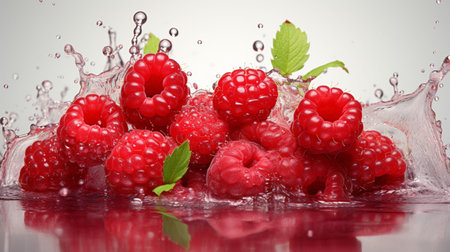 Fresh Ripe Raspberry with Splash effect, Juicy and tasty Fruit, Healthy Foodの素材