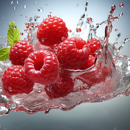 Fresh Ripe Raspberry with Splash effect, Juicy and tasty Fruit, Healthy Foodの素材