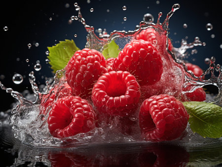 Fresh Ripe Raspberry with Splash effect, Juicy and tasty Fruit, Healthy Foodの素材