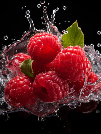Fresh Ripe Raspberry with Splash effect, Juicy and tasty Fruit, Healthy Foodの素材