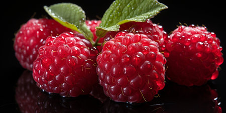 Fresh Ripe Raspberry on Black background, Juicy and tasty Fruit, Healthy Food.の素材
