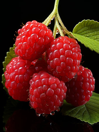 Fresh Ripe Raspberry on Black background, Juicy and tasty Fruit, Healthy Food.の素材