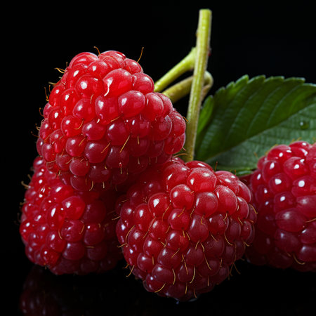 Fresh Ripe Raspberry on Black background, Juicy and tasty Fruit, Healthy Food.の素材