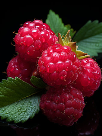 Fresh Ripe Raspberry on Black background, Juicy and tasty Fruit, Healthy Food.の素材