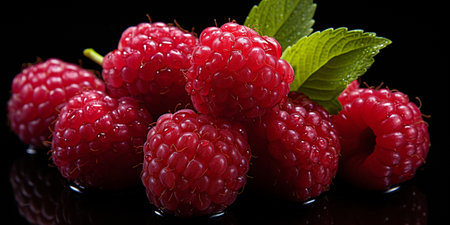 Fresh Ripe Raspberry on Black background, Juicy and tasty Fruit, Healthy Food.の素材
