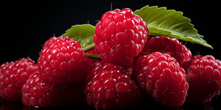 Fresh Ripe Raspberry on Black background, Juicy and tasty Fruit, Healthy Food.の素材