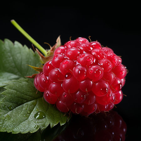 Fresh Ripe Raspberry on Black background, Juicy and tasty Fruit, Healthy Food.の素材