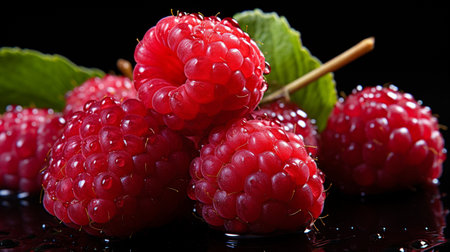 Fresh Ripe Raspberry on Black background, Juicy and tasty Fruit, Healthy Food.の素材