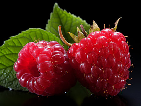 Fresh Ripe Raspberry on Black background, Juicy and tasty Fruit, Healthy Food.の素材