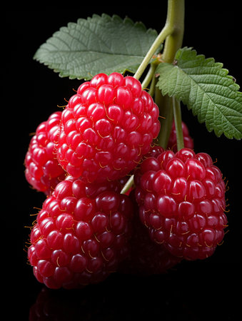 Fresh Ripe Raspberry on Black background, Juicy and tasty Fruit, Healthy Food.の素材