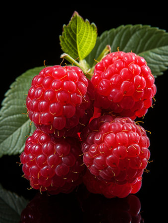 Fresh Ripe Raspberry on Black background, Juicy and tasty Fruit, Healthy Food.の素材