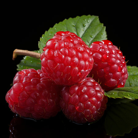 Fresh Ripe Raspberry on Black background, Juicy and tasty Fruit, Healthy Food.の素材