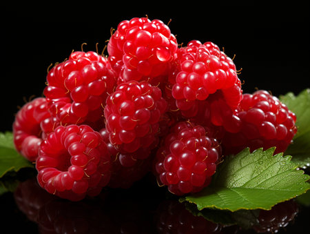 Fresh Ripe Raspberry on Black background, Juicy and tasty Fruit, Healthy Food.の素材