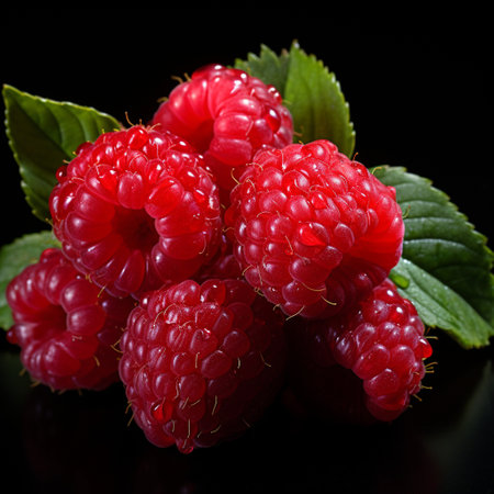 Fresh Ripe Raspberry on Black background, Juicy and tasty Fruit, Healthy Food.の素材