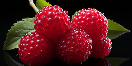Fresh Ripe Raspberry on Black background, Juicy and tasty Fruit, Healthy Food.の素材