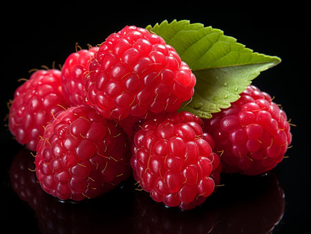 Fresh Ripe Raspberry on Black background, Juicy and tasty Fruit, Healthy Food.の素材