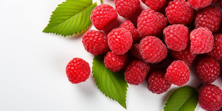 Top View of Fresh Ripe Raspberry on background, Juicy and tasty Fruit, Healthy Food, Copy space for text.の素材