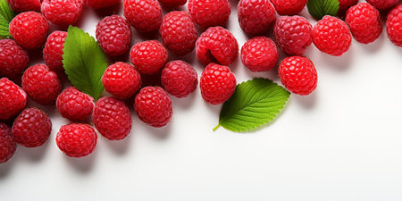 Top View of Fresh Ripe Raspberry on background, Juicy and tasty Fruit, Healthy Food, Copy space for text.の素材