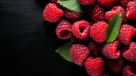 Top View of Fresh Ripe Raspberry on background, Juicy and tasty Fruit, Healthy Food, Copy space for text.の素材