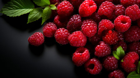 Top View of Fresh Ripe Raspberry on background, Juicy and tasty Fruit, Healthy Food, Copy space for text.の素材