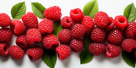 Top View of Fresh Ripe Raspberry on background, Juicy and tasty Fruit, Healthy Food, Copy space for text.の素材