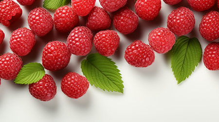 Top View of Fresh Ripe Raspberry on background, Juicy and tasty Fruit, Healthy Food, Copy space for text.の素材